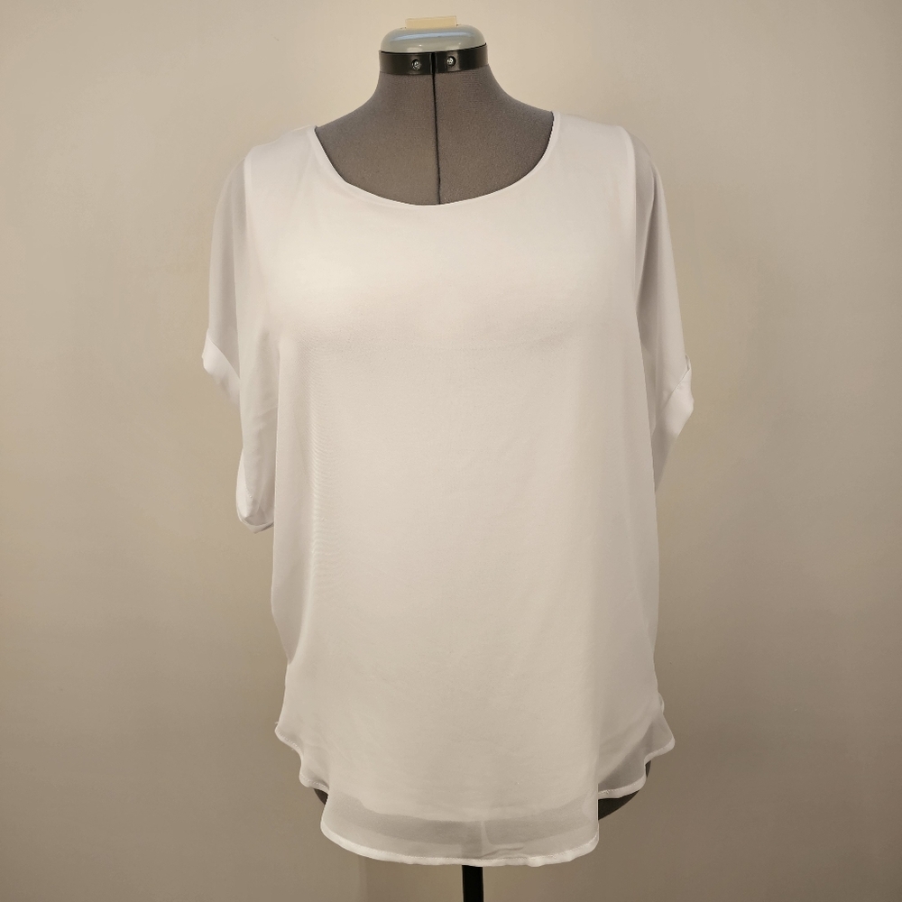 White chiffon lined in stretch knit drop shoulder round neck blouse top M US
